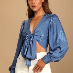 Lulus Blue Satin Jacquard Tie-Front Crop Top